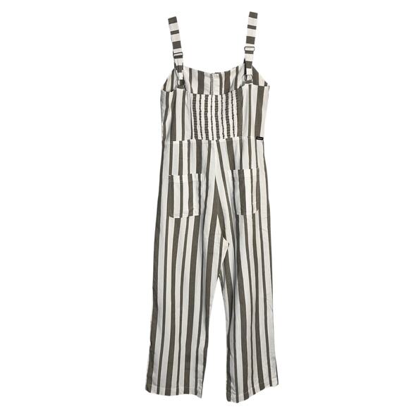 RVCA Striped Button Front Jumpsuit Women’s Size L 12 Adjustable Straps Pockets - Picture 3 of 7